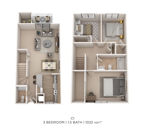 Floor plan for 3 beds, 1.5 baths, 1022 sqft